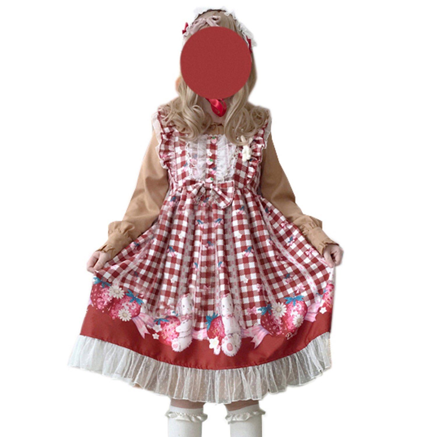 Plaid Strawberry Bunny Printed Formal Dresses Puff Sleeve Ruffle Layered Aesthetic Fairy Outfit